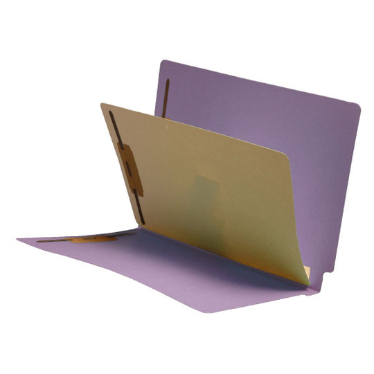 Lavender letter size reinforced end tab folder with 2" bonded fastener on inside front and back, and one manila divider installed with 2" bonded fasteners on both sides. 11 pt lavender stock folders and 11 pt manila stock dividers. Packaged 40/200