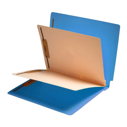 Blue letter size reinforced end tab folder with 2" bonded fastener on inside front and back, and two manila dividers installed with 2" bonded fasteners on both sides. 11 pt blue stock folders and 11 pt manila stock dividers. Packaged 40/200