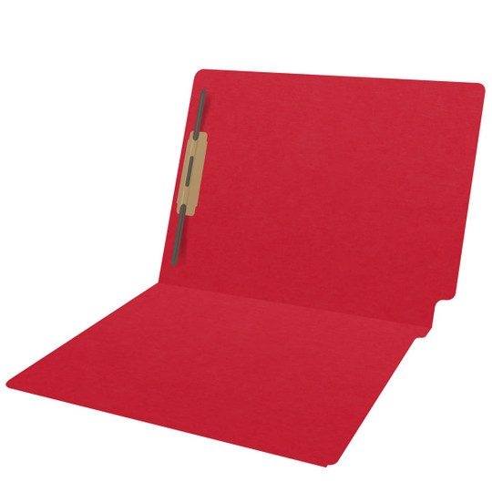 Red letter size end tab folder with 2" bonded fasteners on inside back. 20 pt red stock, 40/Box