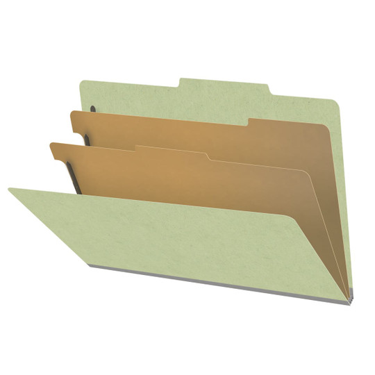 Peridot green legal size top tab two divider classification folder with 2" dark green tyvek expansion, with 2" bonded fasteners on inside front and inside back and 1" duo fastener on dividers - DV-T52-26-3PER