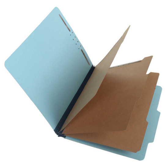Blue letter size top tab three divider classification folder with 3" dark blue tyvek expansion, with 2" embedded fasteners on inside front and inside back and 1" duo fastener on dividers - S-60853