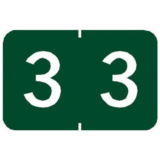 TABBIES NUMERIC 90100 LABEL SERIES, 1" NUMERIC LABEL '#3', GREEN, 1"H x 1-1/4"W, 500/ROLL