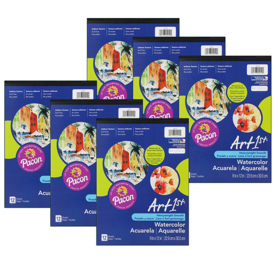 Watercolor Pad, 90 lb., 9'' x 12'', 12 Sheets, Pack of 6