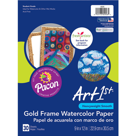Watercolor Paper, Gold Frame, 9'' x 12'', 30 Sheets