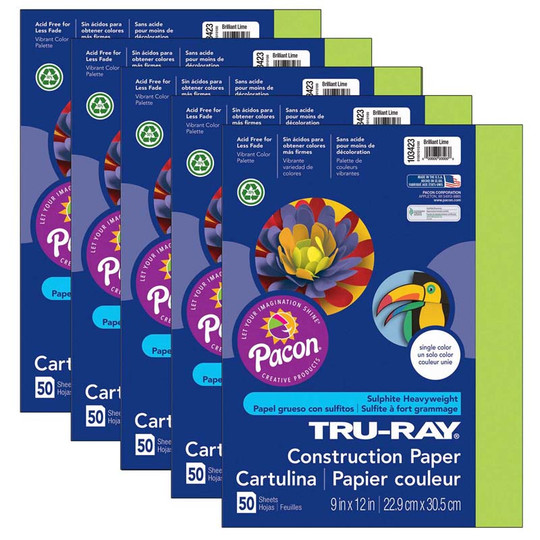 Construction Paper, Brilliant Lime, 9'' x 12'', 50 Sheets Per Pack, 5 Packs - PAC103423-5