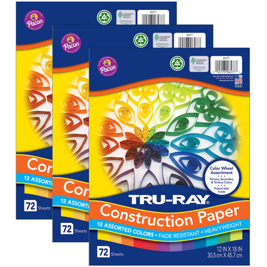 Color Wheel Assortment, 12 Vibrant Colors, 12'' x 18'', 72 Sheets Per Pack, 3 Packs - PAC6577-3