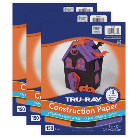 Construction Paper Halloween, Black, Orange, Purple, 9'' x 12'', 150 Sheets Per Pack, 3 Packs - PAC6688-3