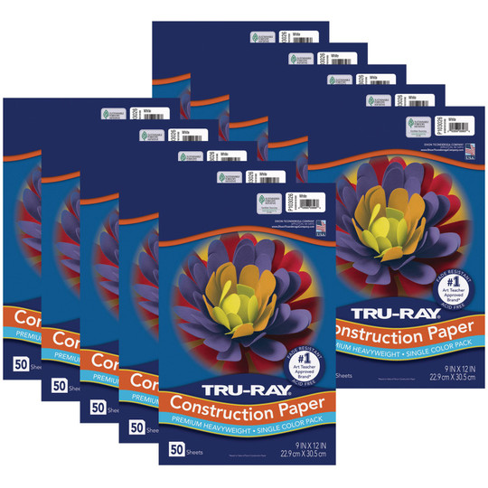 Construction Paper, White, 9'' x 12'', 50 Sheets Per Pack, 10 Packs - PAC103026-10