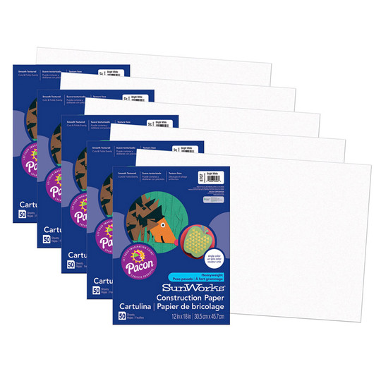 Construction Paper, Bright White, 12'' x 18'', 50 Sheets Per Pack, 5 Packs - PAC8707-5
