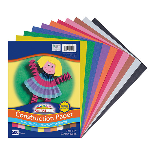 Construction Paper, 10 Assorted Colors, 9'' x 12'', 500 Sheets - PACCON01500