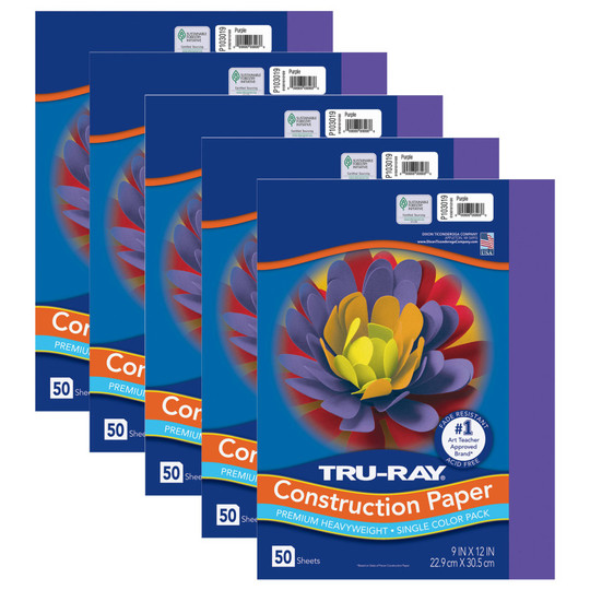 Construction Paper, Purple, 9'' x 12'', 50 Sheets Per Pack, 5 Packs - PAC103019-5