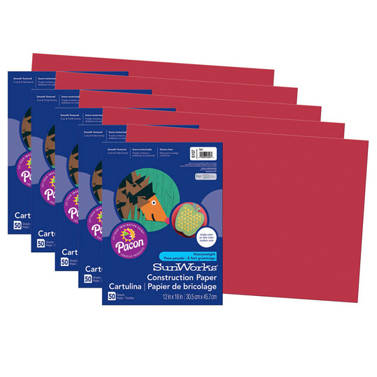 Construction Paper, Red, 12'' x 18'', 50 Sheets Per Pack, 5 Packs - PAC6107-5
