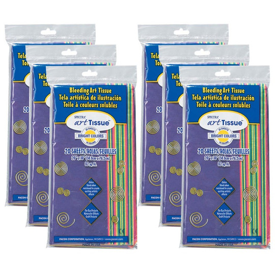 Deluxe Bleeding Art Tissue, 10 Color Bright Assortment, 20'' x 30'', 20 Sheets Per Pack, 6 Packs