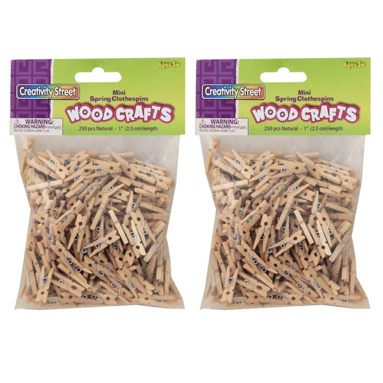 Mini Spring Clothespins, Natural, 1'', 250 Per Pack, 2 Packs
