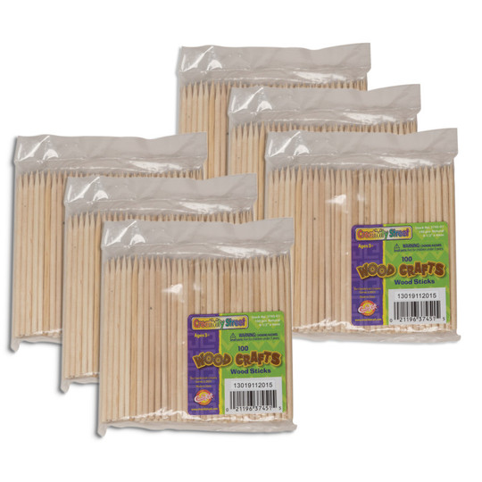 Wood Sticks ,4.5'', Natural, 100 Sticks Per Pack, 6 Packs