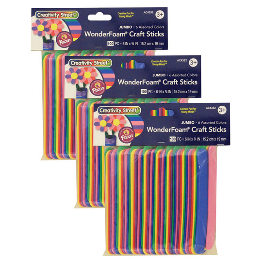 WonderFoam Jumbo Craft Sticks, Assorted Colors, 6'' x 3/4'', 100 Per Pack, 3 Packs