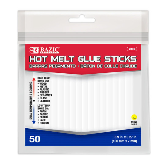 Mini Hot Melt Glue Sticks, Dual Temp, 3.9'' x 0.27'', Bag of 50