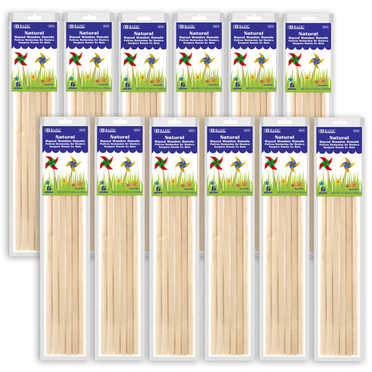 Round Natural Wooden Dowel, 3/8'' x 12'', 6 Per Pack, 12 Packs