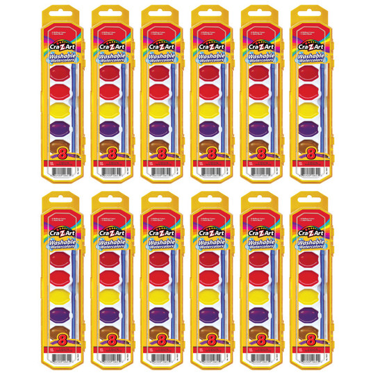 Washable Watercolors with Brush, Peggable Tray, 8 Colors Per Set, 12 Sets