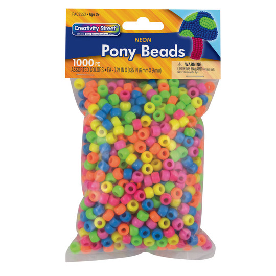 Pony Beads, Assorted Neon, 6 mm x 9 mm, 1000 Pieces