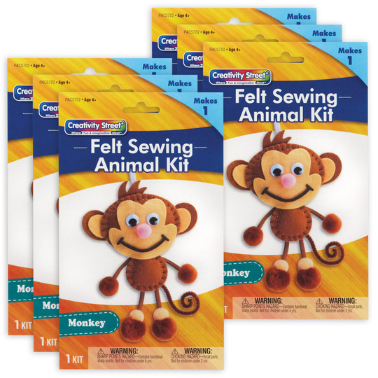 Felt Sewing Animal Kit, Monkey, .5'' x 1.5'' x 1'', 6 Kits