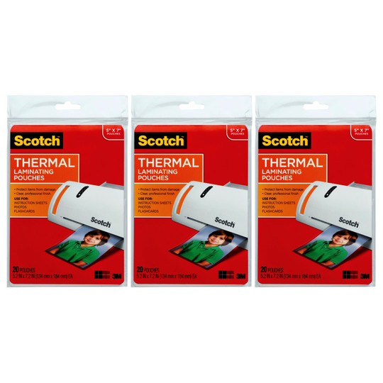Thermal Laminating Pouches, 5 mil, 5'' x 7'', 20 Per Pack, 3 Packs