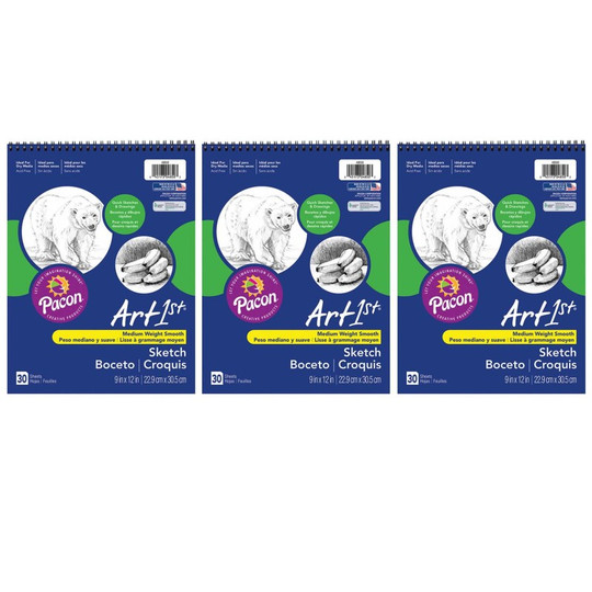 Sketch Book, Standard Weight, 9'' x 12'', 30 Sheets Per Book, 3 Books