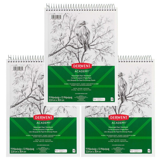 Derwent Academy Wirebound Sketchbook, 9'' x 12'', 70 Sheets, Pack of 3