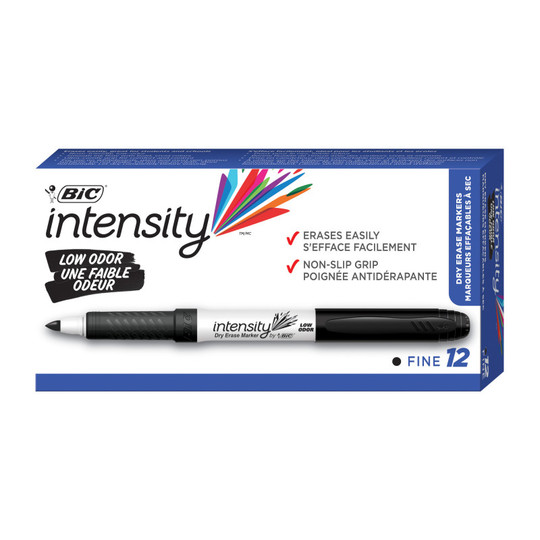 Intensity Low Odor Dry Erase Markers, Fine Tip Dry Erase Markers (.34 mm), Black, 12-Count Pack