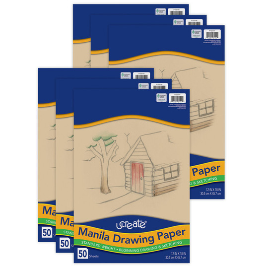 Drawing Paper, Manila, Standard Weight, 12'' x 18'', 50 Sheets Per Pack, 6 Packs