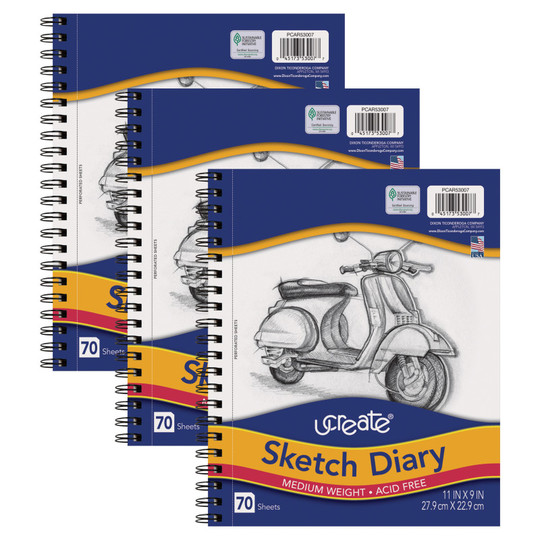 Sketch Diary, Medium Weight, 11'' x 9'', 70 Sheets, Pack of 3