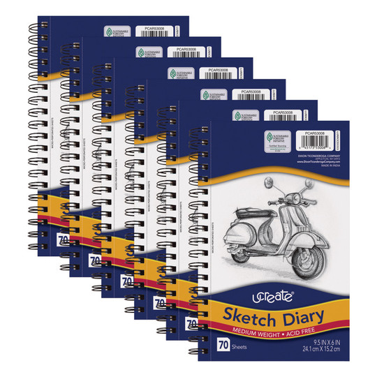 Sketch Diary, Medium Weight, 9-1/2'' x 6'', 70 Sheets, Pack of 6