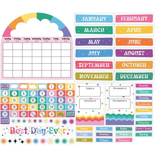 Happily Ever Elementary Retro Remix Calendar Bulletin Board Set, 107 Pieces