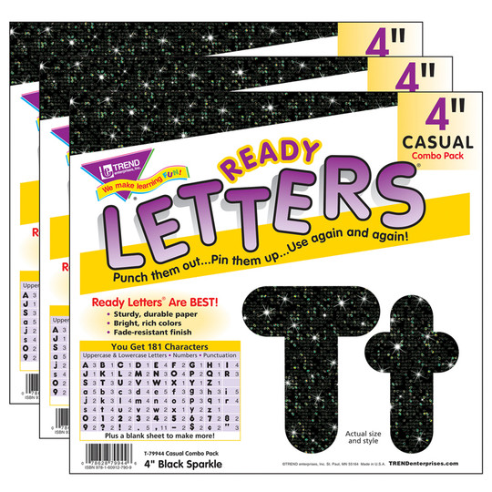 Black Sparkle 4'' Casual Combo Ready Letters, 3 Packs