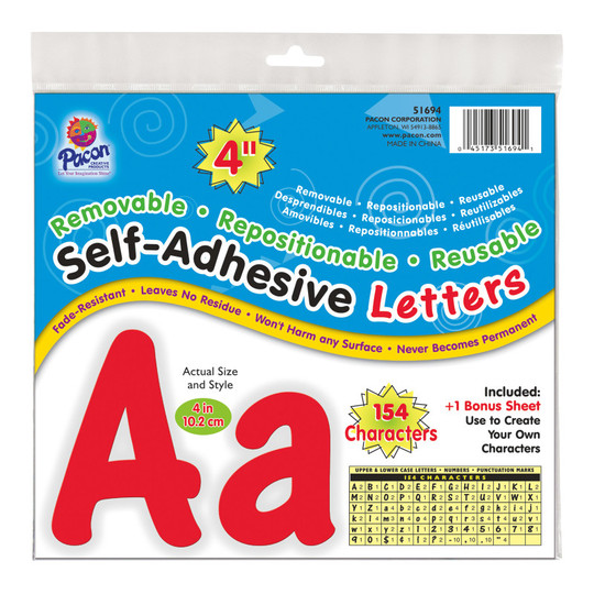 Self-Adhesive Letters, Red, Cheery Font, 4'', 154 Characters