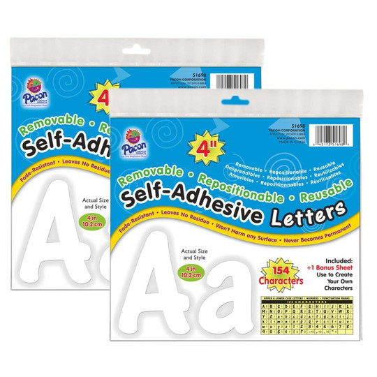 Self-Adhesive Letters, White, Cheery Font, 4'', 154 Per Pack, 2 Packs