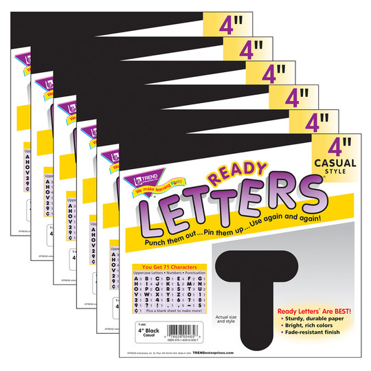 Black 4'' Casual Uppercase Ready Letters, 6 Packs