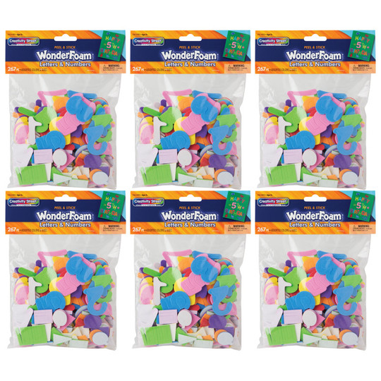 WonderFoam Peel & Stick Letters & Numbers, Assorted Colors & Sizes, 267 Pieces Per Pack, 6 Packs
