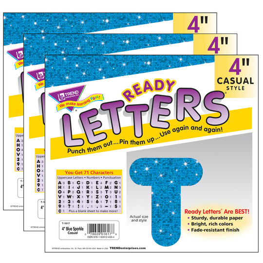 Blue Sparkle 4'' Casual Uppercase Ready Letters, 71 Per Pack, 3 Packs