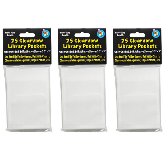 Clear View Self-Adhesive Library Pocket .5'' x 5'', 25 Per Pack, 3 Packs