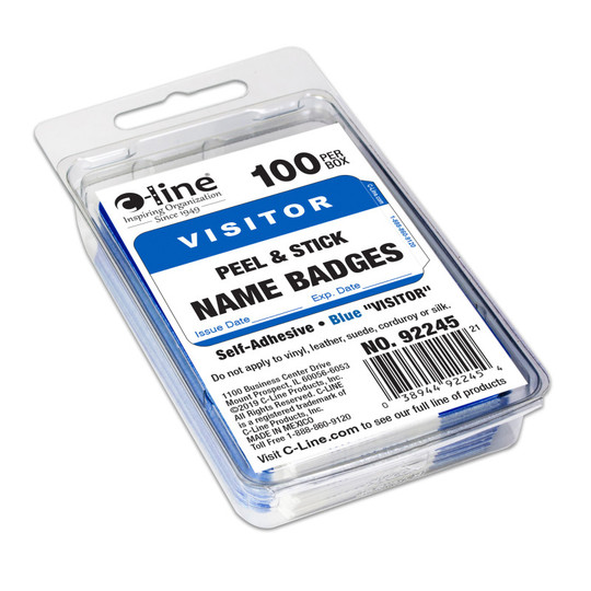 Pressure Sensitive Badges, Visitor, Blue, 3-1/2'' x 2-1/4'', Box of 100