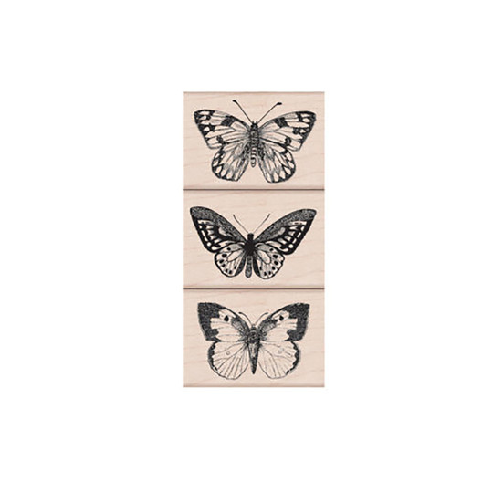 Three Artistic Butterflies Wood Stamp Set, 3 Stamps