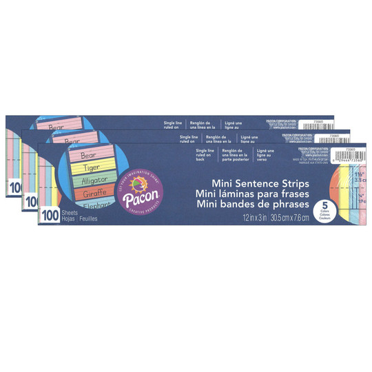Mini Sentence Strips, 5 Assorted Colors, 1-1/2'' x 3/4'' Ruled, 3'' x 12'', 100 Per Pack, 3 Packs
