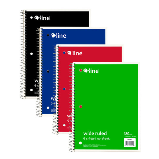 5-Subject Notebook, Wide Ruled, 180 Sheets, Assorted Colors