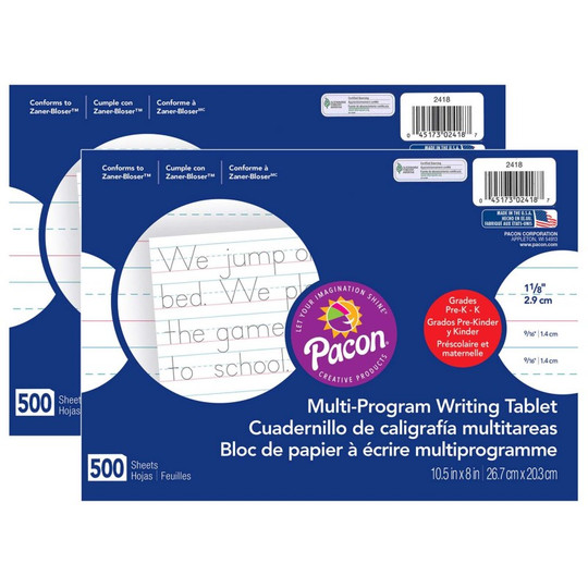 Multi-Program Handwriting Paper, 1-1/8'' Ruled (Long Way), White, 10-1/2'' x 8'', 500 Sheets Per Pack, 2 Packs