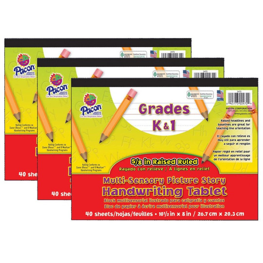 Multi-Sensory Raised Ruled Tablet, Tape Bound, 5/8'' x 5/16'' x 5/16'' Picture Story Ruled Long, 10-1/2'' x 8'', 40 Sheets, Pack of 3