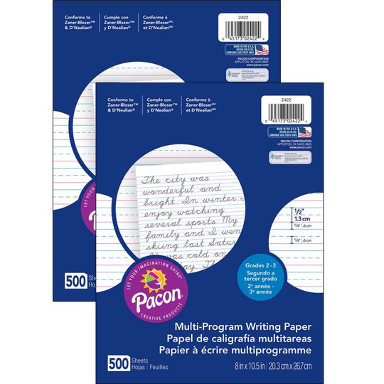 Multi-Program Handwriting Paper, 1/2'' Ruled (Short Way), White, 10-1/2'' x 8'', 500 SheetsPer Pack, 2 Packs