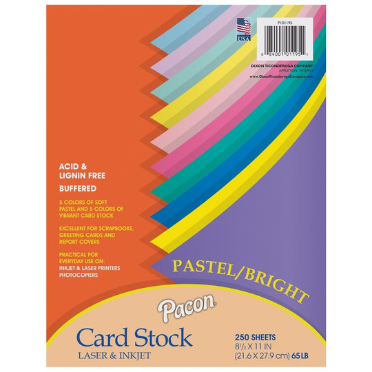 Pastel & Bright Card Stock Assortment, 10 Colors, 8-1/2'' x 11'', 250 Sheets