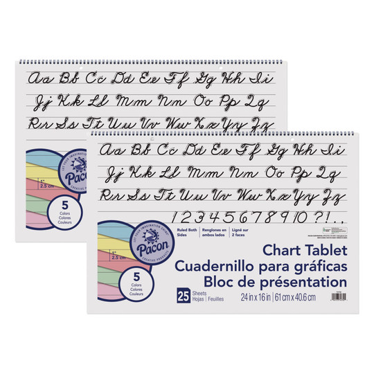 Colored Paper Chart Tablet, Cursive Cover, 5 Assorted Colors, 1'' Ruled, 24'' x 16'', 25 Sheets, Pack of 2