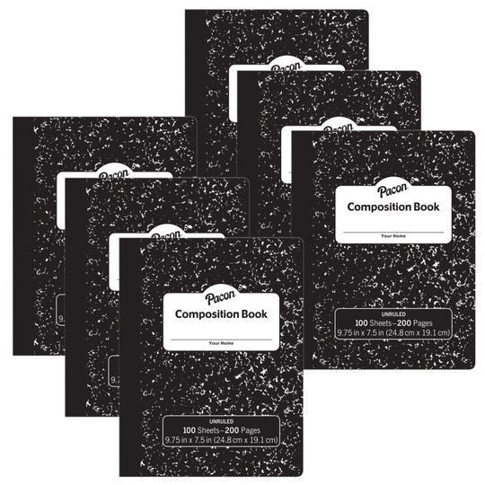 Composition Book, Black Marble, Unruled 9-3/4'' x 7-1/2'', 100 Sheets, Pack of 6